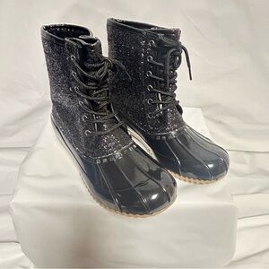 Sugar Black Glitter Rain “Duck” Lace-Up Boots